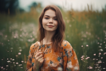 Portrait of a beautiful young woman in a field of flowers.の素材