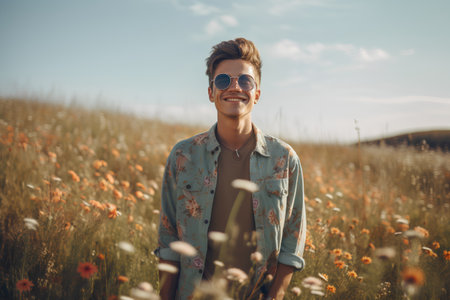 Handsome young man in shirt and sunglasses standing in a field of poppiesの素材