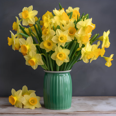 Bouquet of yellow daffodils in a green vase on a gray backgroundの素材