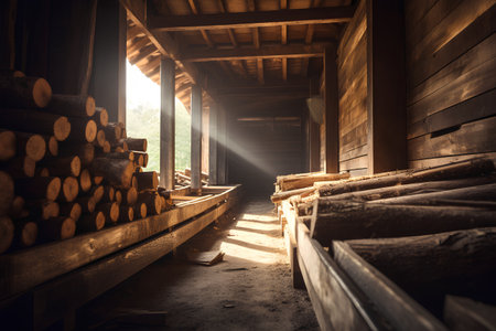 Wooden house with a lot of logs in the rays of the sunの素材