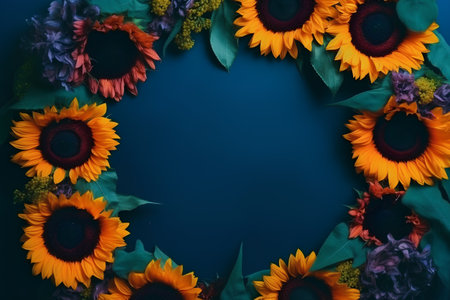 Sunflowers on blue background with space for text, top viewの素材