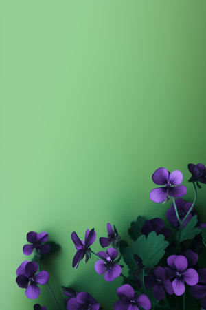 Violet flowers on a green background. Place for your text.の素材