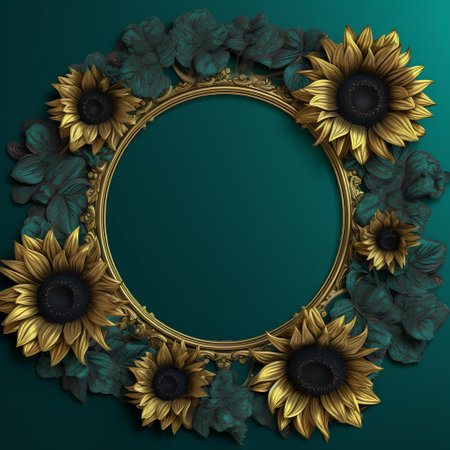 Vintage floral frame with sunflowers on a green background.の素材