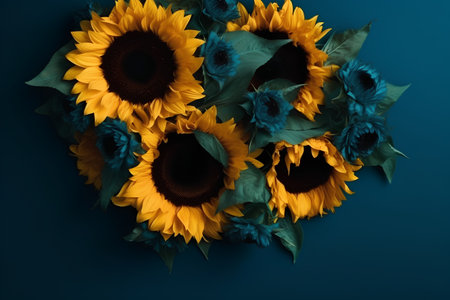 Beautiful sunflowers on a blue background. Flat lay.の素材