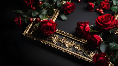 Beautiful red roses and vintage frame on black background with copy spaceの素材