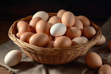 Eggs in a basket on a wooden background. Close-up.の素材