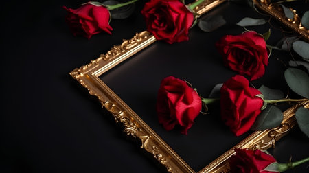 Red roses and gold frame on black background, valentines day conceptの素材