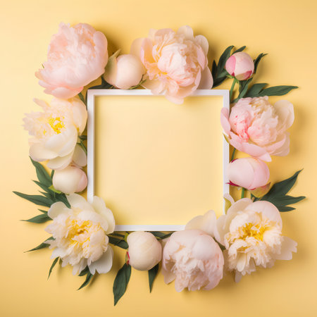 Flowers composition. Frame made of peony flowers on yellow background. Flat lay, top view, copy spaceの素材