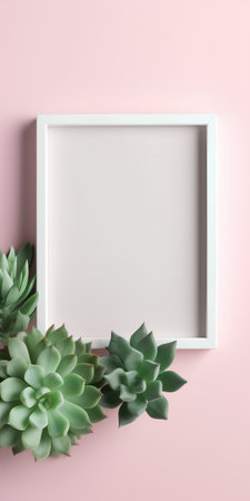 Creative layout made of succulents in square frame on pink background. Flat lay, top view minimal concept.の素材