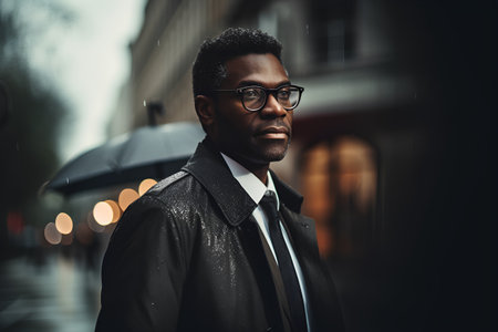 Portrait of a handsome African-American man in a raincoat and glasses.の素材
