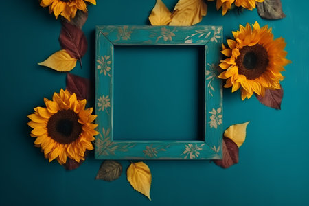 Autumn frame with sunflowers and leaves on a blue backgroundの素材