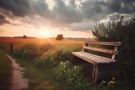 Sunset in the countryside with a bench on a meadow.の素材