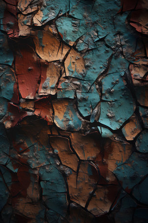 Abstract background of old cracked blue and orange wall with peeling paintの素材