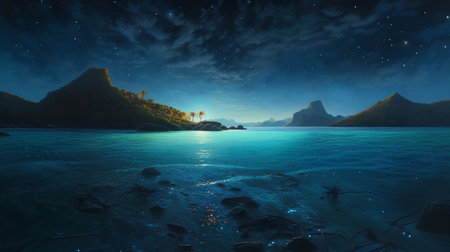 Beautiful seascape with island and starry sky. 3D renderingの素材