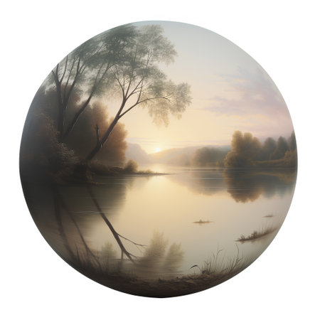 Autumn landscape with river, trees and foggy sky. Round iconの素材