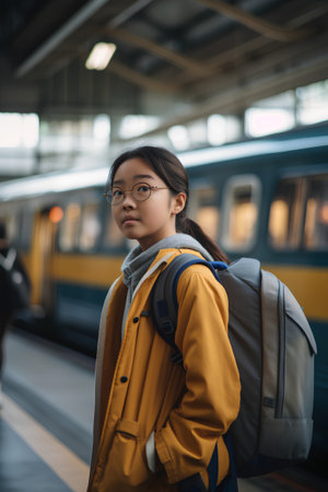 young asian woman with backpack waiting for train at railway station, travel conceptの素材