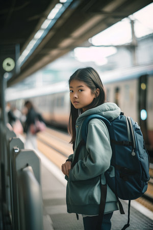 portrait of young beautiful asian woman with backpack waiting train at railway stationの素材