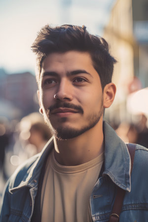 Portrait of a handsome young man with beard and mustache in the cityの素材