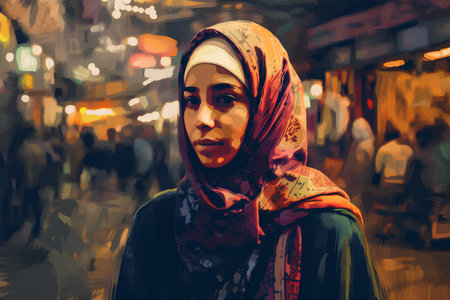 Muslim woman in the night city. Digital painting of a muslim woman walking in the street.の素材