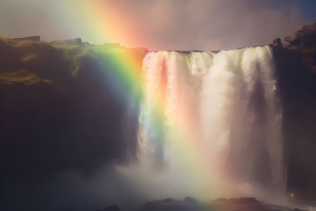 Godafoss waterfall in Iceland, Europe. Multicolored rainbowの素材