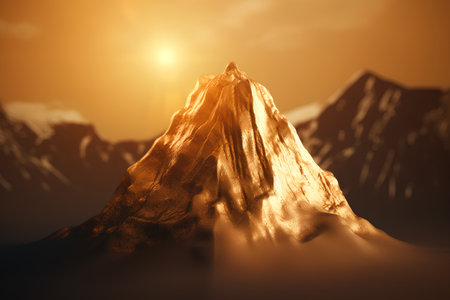 3d rendering of a mountain peak in the mountains at sunset.の素材
