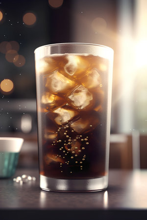 Glass of cola with ice cubes on blurred background. 3D Renderingの素材