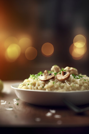 risotto with mushrooms and sour cream on a wooden table. toning. selective focusの素材