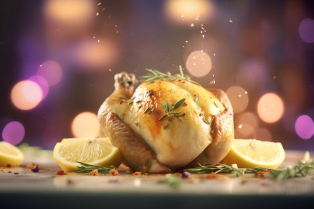 Whole roasted chicken with rosemary, lemon and spices on a festive tableの素材