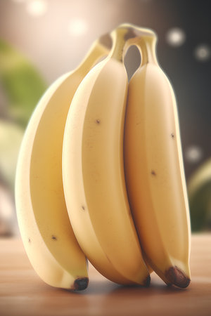 Bunch of bananas on a wooden table. Blurred background.の素材