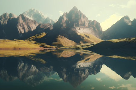 Beautiful landscape with mountains reflected in the lake. 3d renderの素材