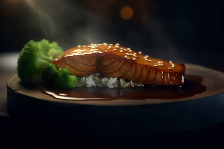 Salmon teriyaki with rice and vegetables on a dark backgroundの素材