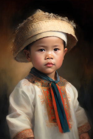 Portrait of a little Asian boy wearing a straw hat and a scarfの素材
