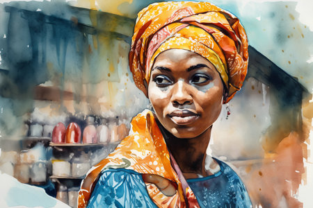 Portrait of a beautiful African woman in a turban. Watercolor painting.の素材
