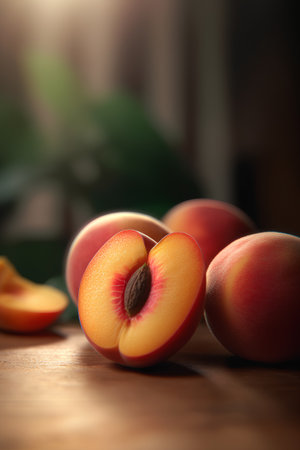 Ripe peaches on a wooden table. Selective focus.の素材