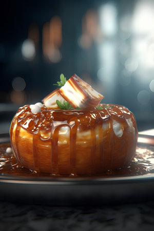 Crispy caramel cake with meat on a dark background. Toned.の素材