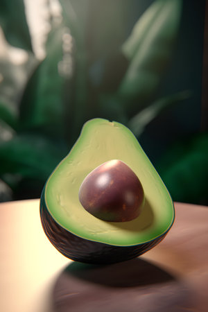 Avocado on a wooden table. Exotic fruit. 3d renderingの素材