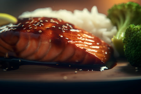 Slices of grilled salmon with rice and broccoli. Selective focus. Toned.の素材