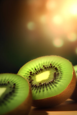 Kiwi fruit on dark background with bokeh effect.の素材