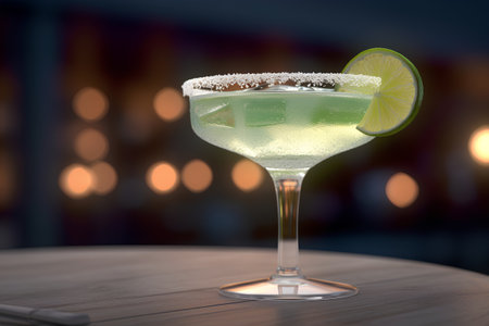 Classic Margarita cocktail with lime on wooden table in bar.の素材