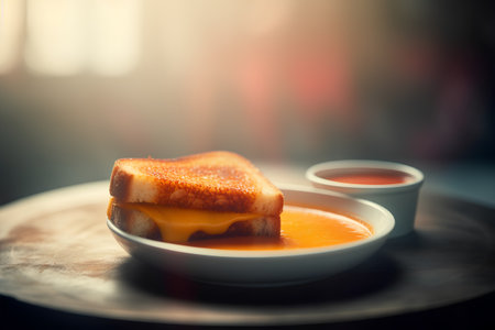Bowl of orange cream soup with toasted bread on wooden table.の素材