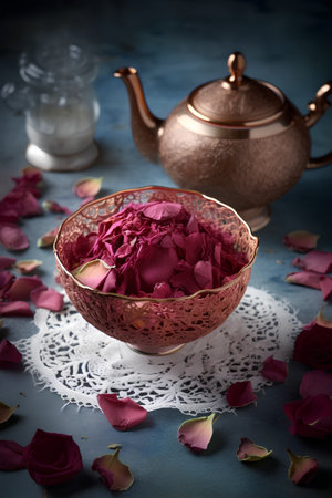Rose petals in a bowl and teapot on a blue backgroundの素材