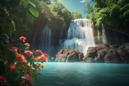 Waterfall in tropical forest with red flowers and blue sky, Thailandの素材