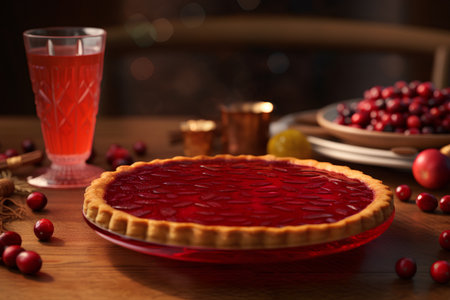 Cranberry pie on a wooden table with a glass of juiceの素材