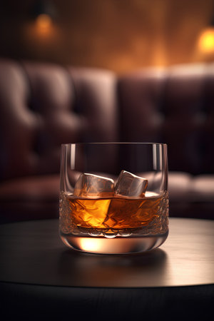 Glass of whiskey with ice cubes on wooden table in pub or bar interior.の素材