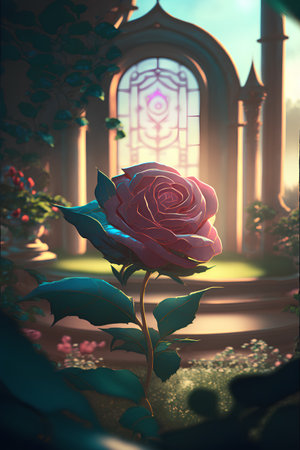 3d illustration of a rose in front of an old church windowの素材