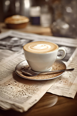 Cup of cappuccino with latte art on newspaperの素材