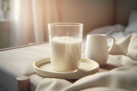 Glass of milk on the bed in the morning. Toned.の素材