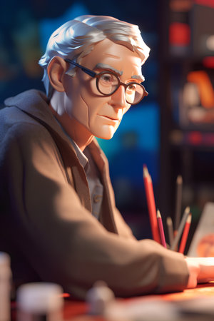 Portrait of a man with glasses drawing on the table in the officeの素材