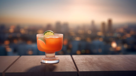 Cocktail with orange and lime on wooden table with cityscape backgroundの素材