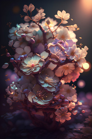 Blossoming branch of sakura on a dark background. 3d renderingの素材